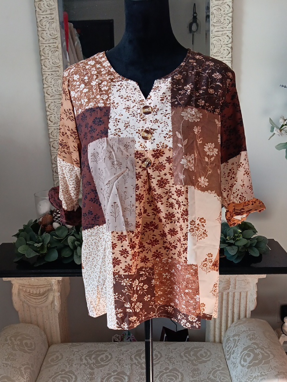 Patchwork Floral Button-Front Tunic - Brown & Cream